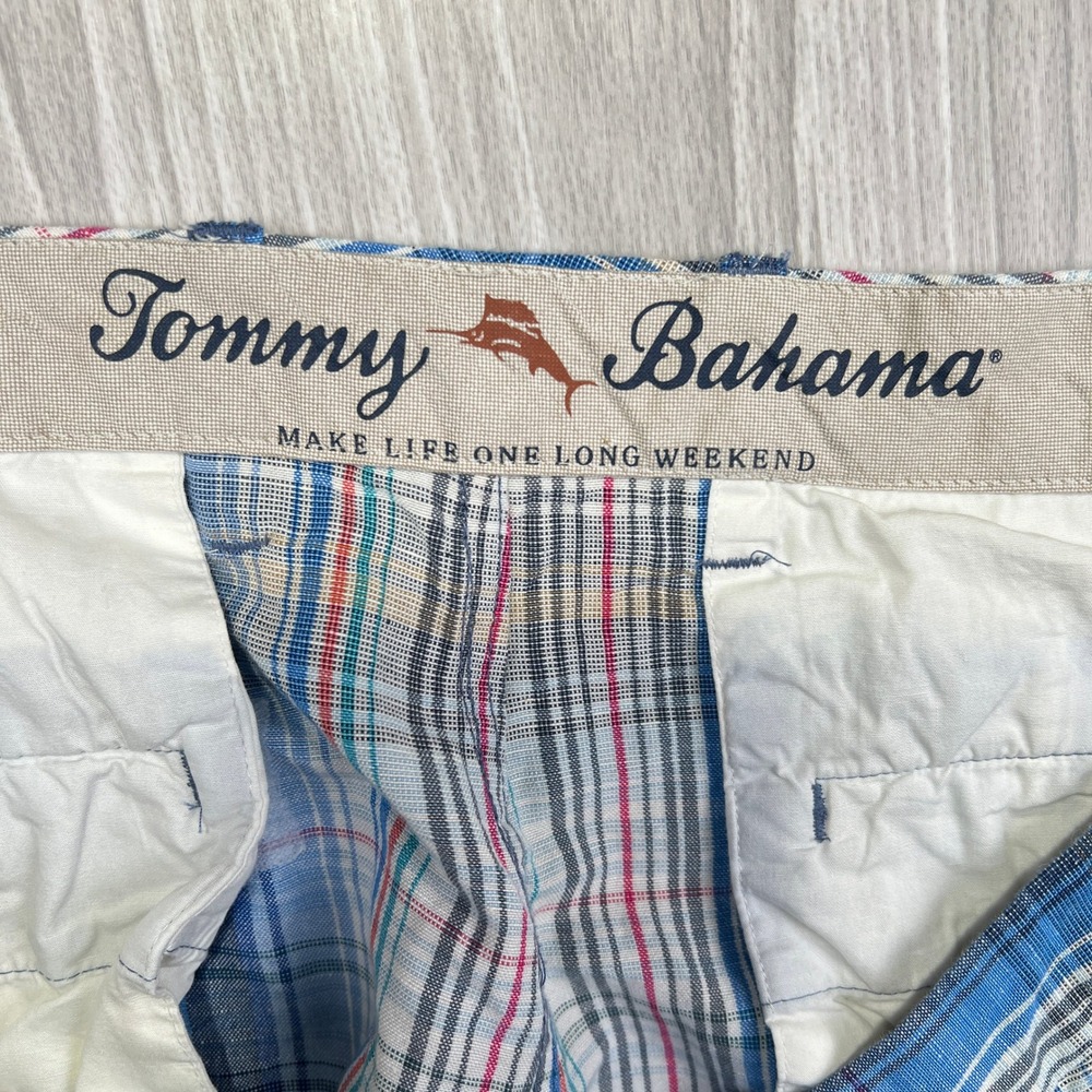 Tommy Bahama Linen Plaid Shorts Mens 38 Blue Vacation Summer Comfort EUC - Picture 2 of 7